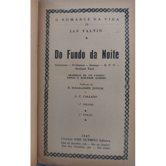 Do Fundo da Noite, Jan Valtin, Volume 1 e 2 - Completo, Capa de Luxo Verde em Percalux, Com Letras Douradas