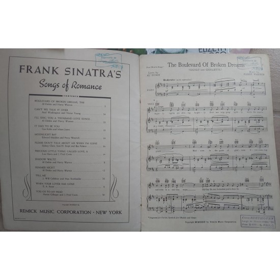 Partitura Musical Frank's Sinatra's, Songs Of Romance, Remick Music Corporation, Edição 1933
